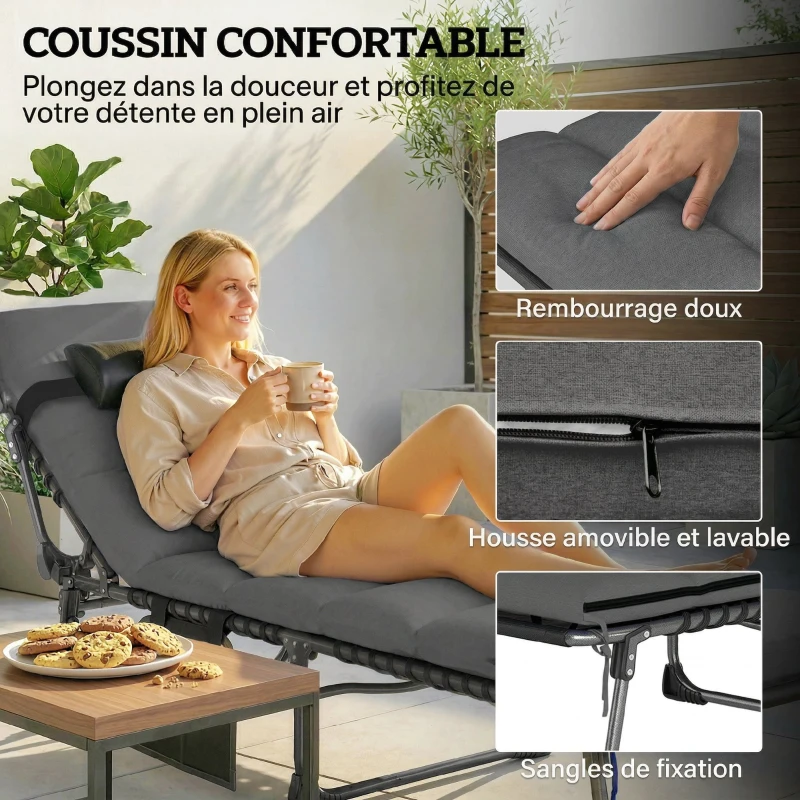 Outsunny Lot de 2 Bains de Soleil Transat de Jardin Matelas XXL 9cm Inclinable 180° Plat Pliable à 5 Positions 200x57x38cm Gris