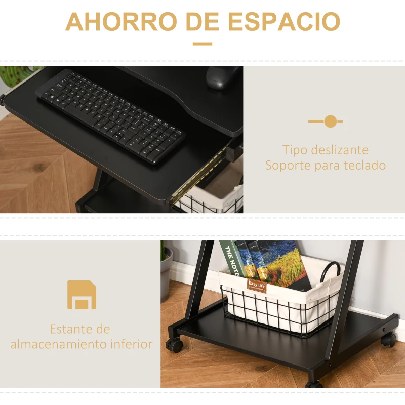 HOMCOM Mesa de Ordenador con Ruedas 60x48 cm con Bandeja Deslizante para Teclado y Estante Inferior Marco Metálico Negro
