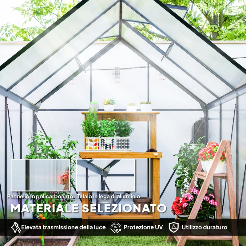 Outsunny Serra in Policarbonato e Alluminio con Porta a Battente e Finestra a Tetto, 3.6㎡, Grigio