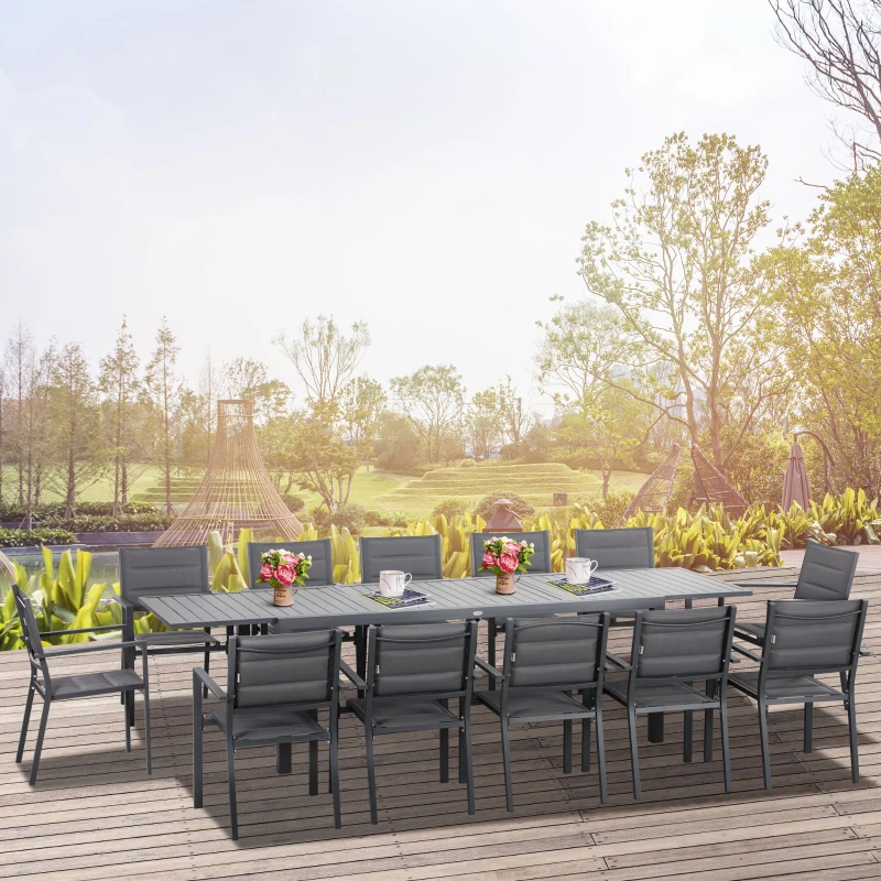 Outsunny Salon de jardin en aluminium et textilène table extensible 8/12 personnes 12 chaises empilables gris