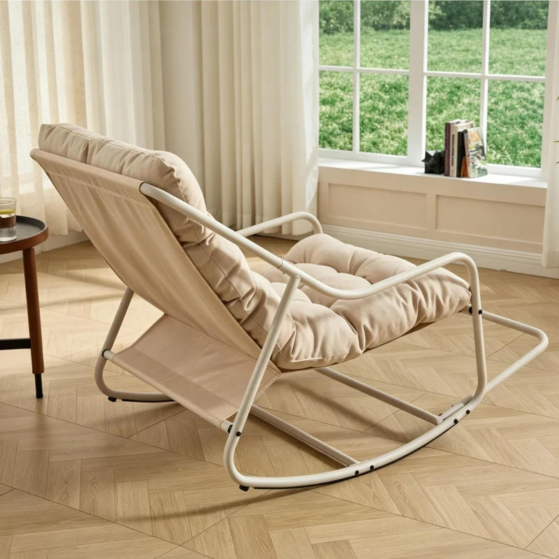 Sedia a dondolo da esterno con cuscino confortevole, per soggiorno, camera da letto, sala lettura, 75x116x82 cm, Beige