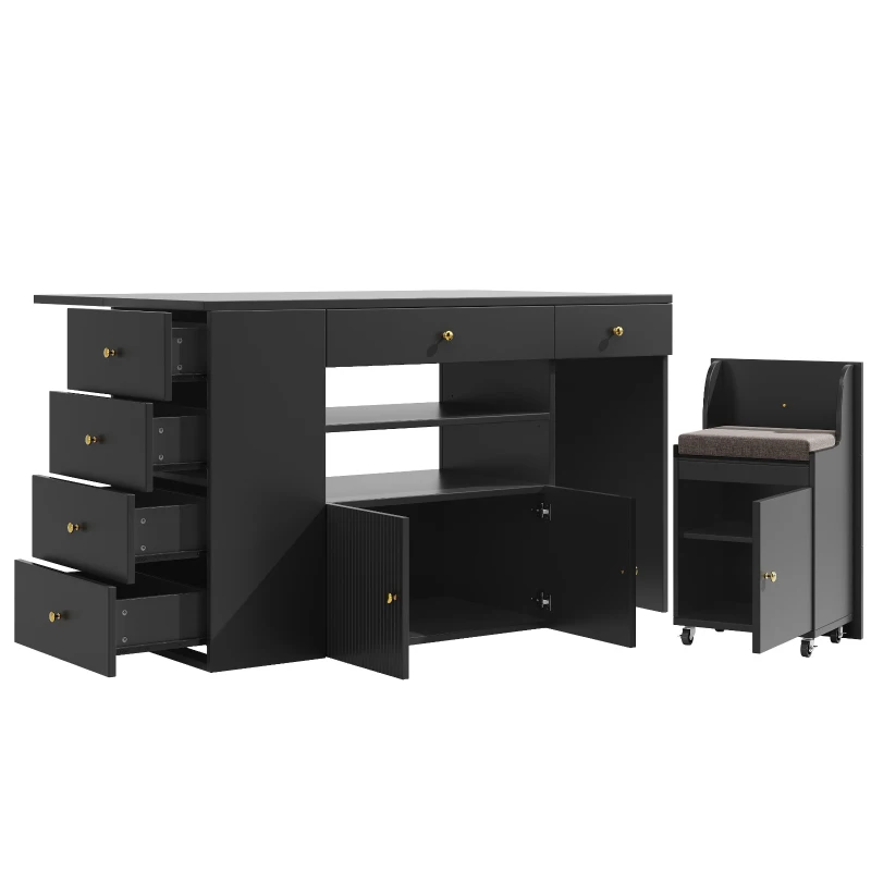 Adjustable Kitchen Island with 2 Stools, 6-Drawer and Generous worktop, Versatile Sideboard with Open Shelves, 140L x 40W x 89H cm, Black