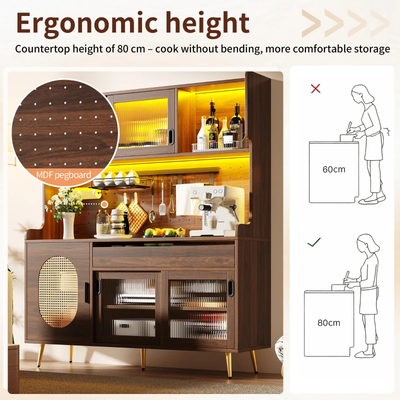 Country Style Sideboard with App-Controlled LED Light Strip, Sturdy Cabinet for Living & Dining Area, 145L x 39W x 171H cm, Brown