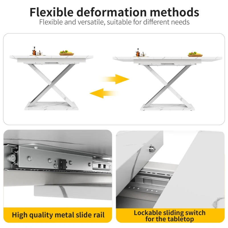 Extendable Dining Table with Locking Silent Metal Guide Rails, Space-Saving Table for 6 to 8 People, 118-157L x 75W x 76.5H cm, White