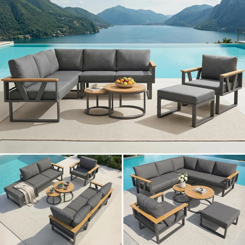 Stylish Modular Garden Sofa Set with Washable 9 cm Cushions, Versatile Garden Furniture Set for 6-7 Seater, 177L x 177W x 79H cm, Gray