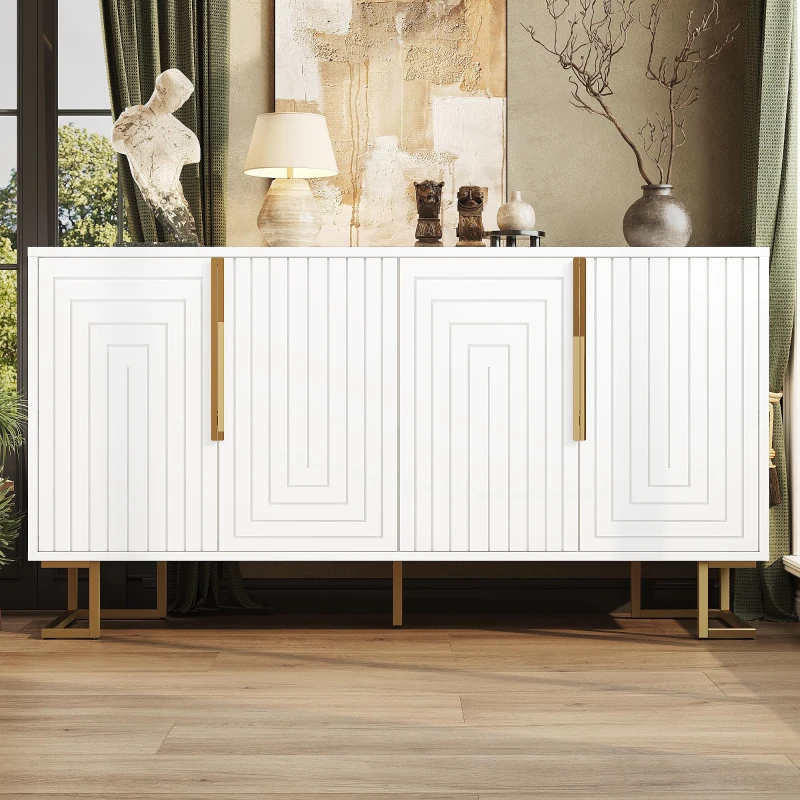 Stylish Sideboard with 2 Doors, 4 Shelves and Geometric Door Design, Durable Cabinet with Slim Metal Feet, 152L x 40W x 75H cm, White
