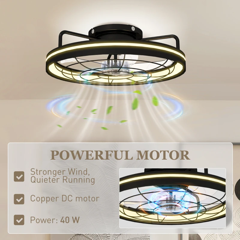 HOMCOM Wentylator sufitowy z lampą i pilotem, 48 cm LED, 3 temperatury światła, 6 prędkości, timer, czarny