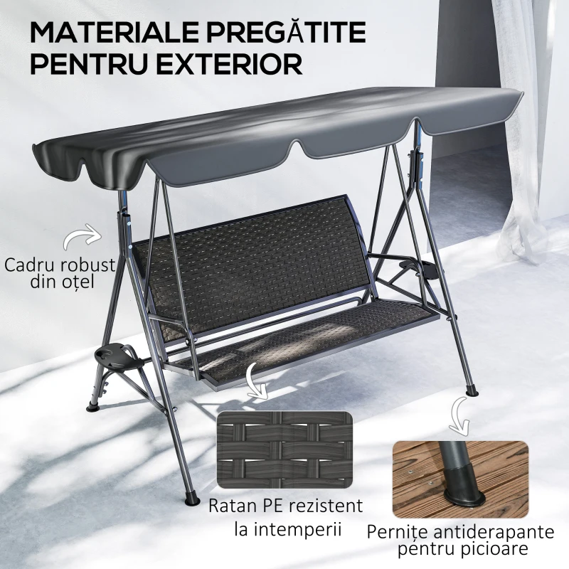 Outsunny Balansoar de Grădină 3 Locuri din Ratan PE cu Acoperiș Reglabil și Suporturi pentru Pahare, Balansoar de Exterior cu Cadru din Oțel, Capacitate 320 kg, 204x112x150 cm, Gri