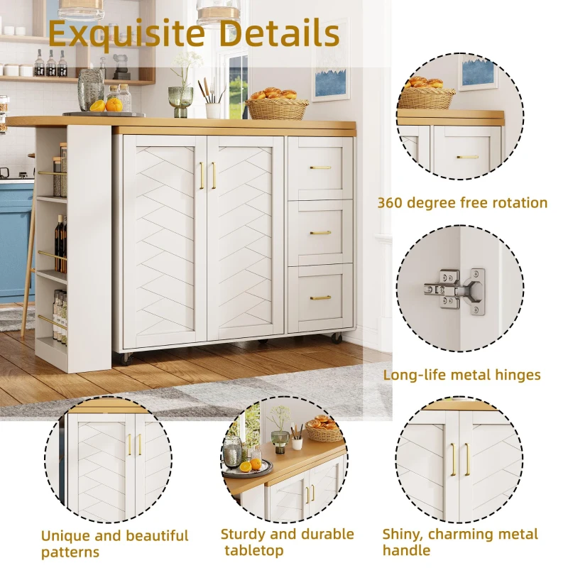 Multifunctional Kitchen Island for Dining & Living Areas, Extendable Bar Cart with 2 Doors & 3 Drawers, 135-228L x 39W x 104H cm, White