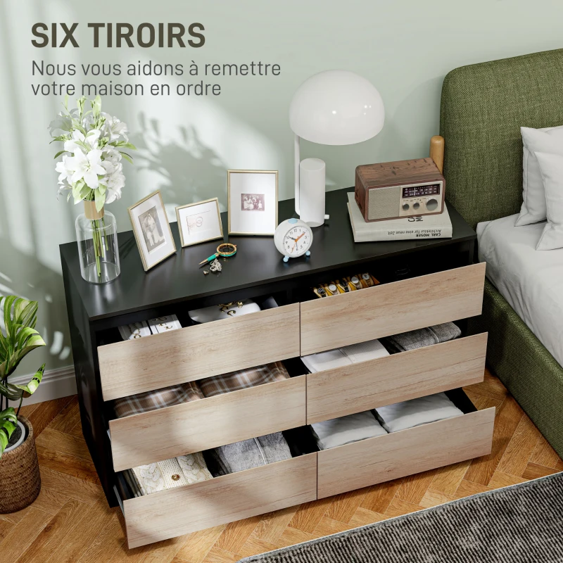 HOMCOM Commode 6 tiroirs meuble de rangement sans poignées design minimaliste 120 x 39 x 75 cm noir et bois naturel