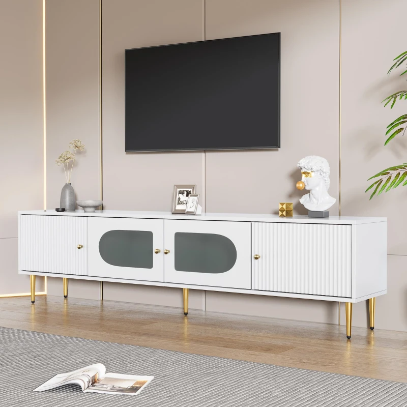 Stylish TV Stand with 2 Glass Doors and Metal Support Legs, Sturdy TV Cabinet for Living Room or Bedroom, 170L x 35W x 50H cm, White