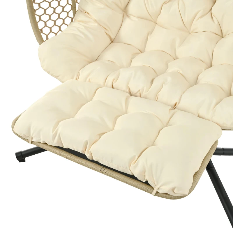 Eiförmiger Hängesessel mit Ständer, Schaukelstuhl mit verstellbarer Fußstütze, Gartenhängstuhl mit Sitzauflage & Kissen, 140 x 94 x 197 cm, Beige