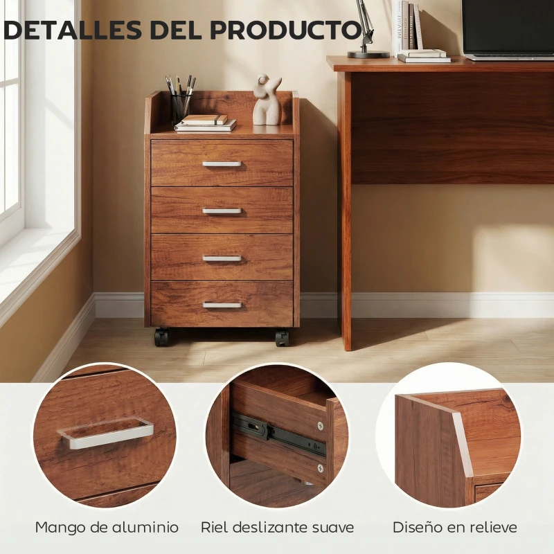 Vinsetto Cajonera de Escritorio con Ruedas Cajonera de Oficina con 4 Cajones Archivador Móvil para Estudio 40x36x65 cm Marrón