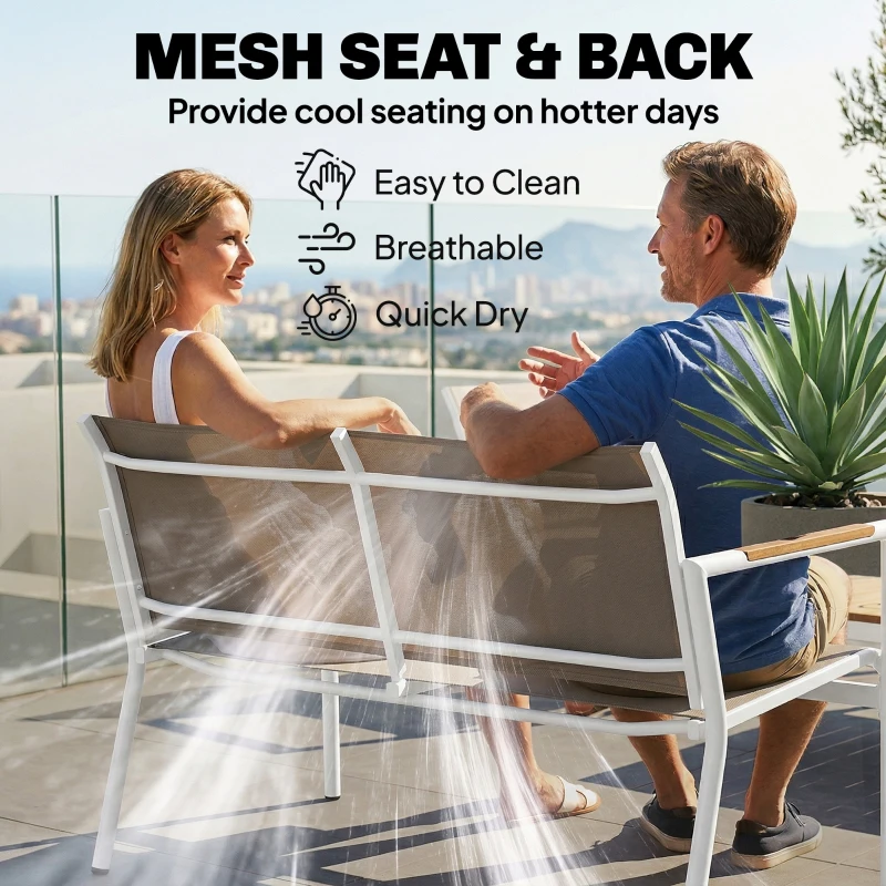 Outsunny 4 Seater Garden Furniture Set with Loveseat, Armchairs, Table, Metal Garden Sofa Set with Breathable Seats, Khaki