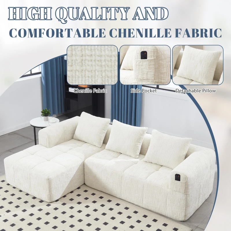 Modular L-Shaped Sofa with Deep Seating and Sleeper Function, Upholstered Lounge Couch for Living Area, 250L x 158W x 60H cm, Beige