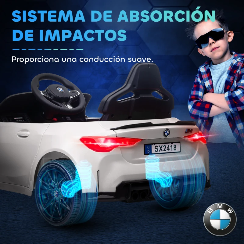 AIYAPLAY Coche de Batería para Niños 12V BMW M4 con Mando a Distancia Faros Bocina Música Velocidad 3-5 km/h Blanco