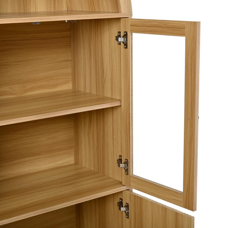 Hohes Sideboard mit Bogendecke, Glasvitrinentüren, Wellenmuster, 78 x 40 x 176 cm, Naturfarbe