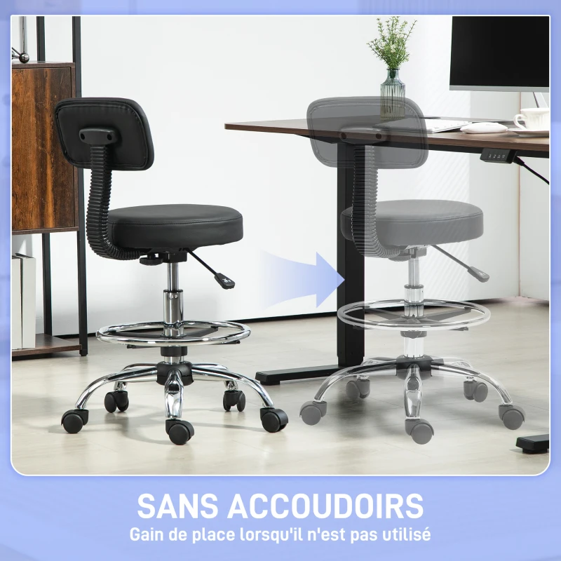 HOMCOM Chaise de bureau, chaise de dessin, repose-pieds réglable, hauteur réglable, pivotante 360°, 52x52x92cm, noir