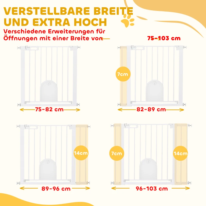 PawHut Absperrgitter für Haustiere, verstellbar, mit kleiner Tür, Stahl, Kunststoff, Weiß(m-7)
