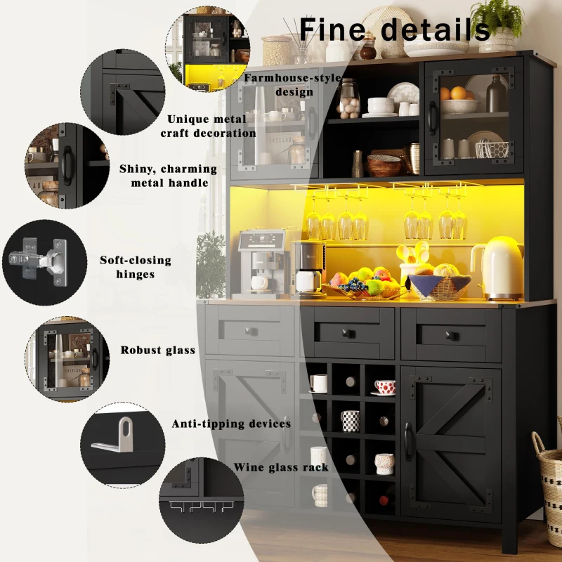 Tall Kitchen Cabinet with Integrated Power Strip and Wine Glass Rack, Stylish Sideboard with Cable Management, 120L x 40W x 170H cm, Black