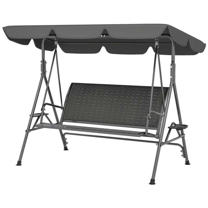 Outsunny Balansoar de Grădină 3 Locuri din Ratan PE cu Acoperiș Reglabil și Suporturi pentru Pahare, Balansoar de Exterior cu Cadru din Oțel, Capacitate 320 kg, 204x112x150 cm, Gri