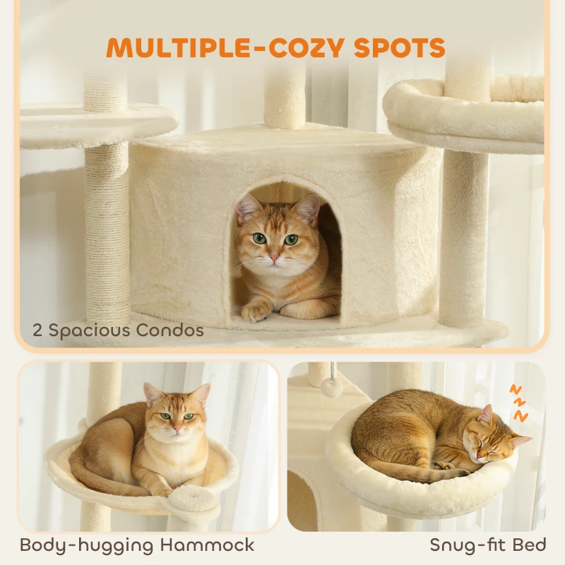 PawHut 79 Inch Cat Tree, Extra Tall Large Cat Tower with Scratching Posts, 2 Perches, 2 Caves, Large Hammock, Pompoms, Multi-Level Plush Kitty Condo for Multiple Indoor Kittens