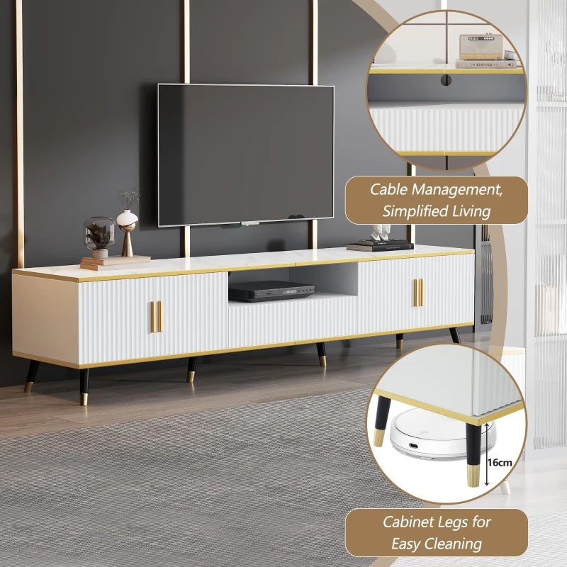 Modern TV Entertainment Center with 4 Doors & Drawer, Spacious TV Stand for Living Room or Bedroom, 200L x 40W x 46H cm, White