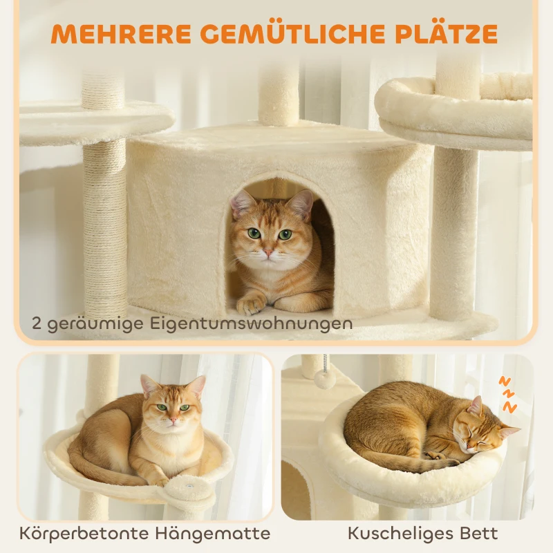 PawHut 2 Meter hoher Kratzbaum Große für 2-3 Katzen, Kratzpfosten, Höhlen, Hängematte, Verstecke, mehrstöckiges Design, Sisal, Holz, Plüsch, Beige
