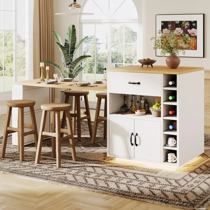 Extendable Kitchen Island with Built-In Wine Rack, Multifunctional Storage Cabinet with Dining Table, 141-193.5L x 70W x 101.5H cm, White