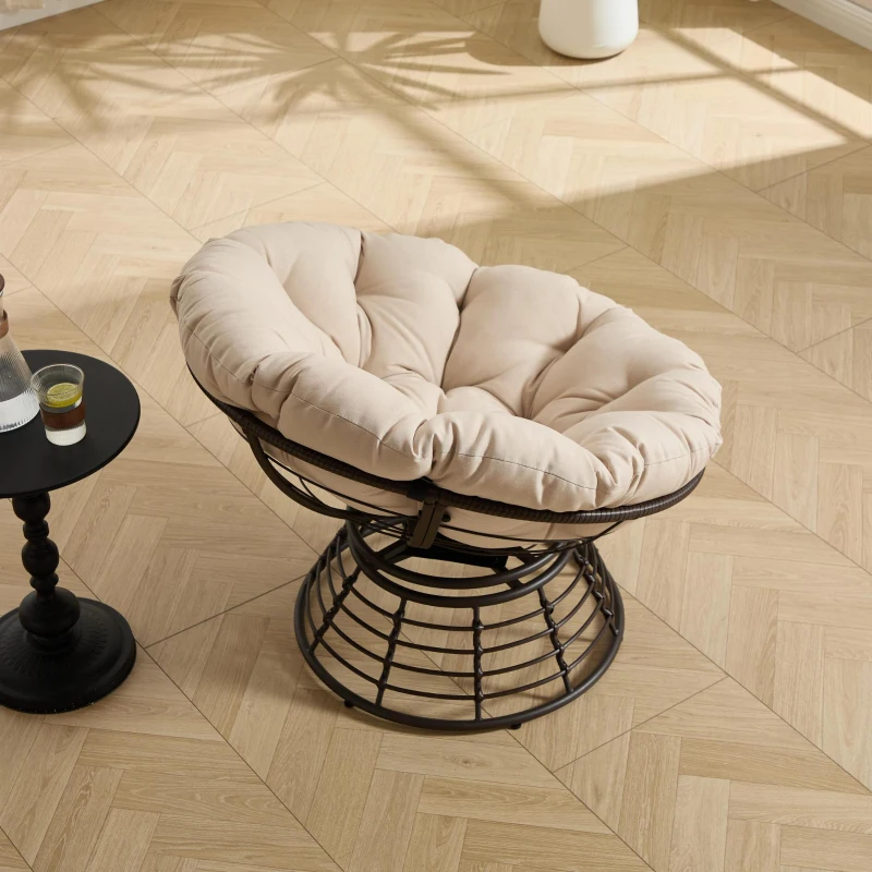 Poltrona Papasan, girevole a 360°, cuscino spesso, struttura in acciaio, 92x92x67 cm, Beige
