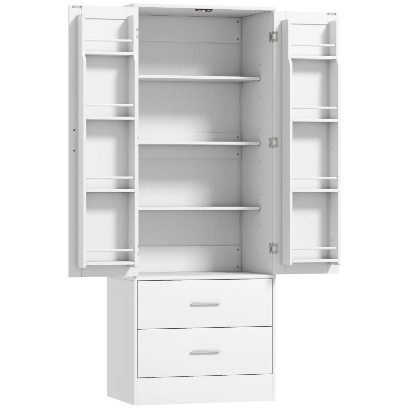 HOMCOM Buffet haut cuisine, armoire de cuisine, 2 portes, 8 porte-épices, 2 tiroirs, étagères réglables, 60x40x159cm, blanc(m-12)