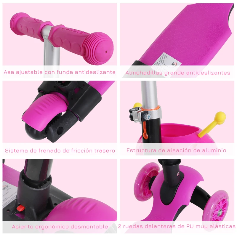 HOMCOM 3 en 1 Patinete para Niños de +18 Meses Scooter de 3 Ruedas con Asiento Extraíble Manillar Mango de Empuje Altura Ajustable 62x25x72,5 cm Rosa