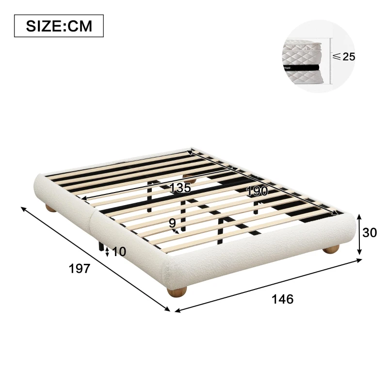 Modern Upholstered Double Bed with Sturdy Slatted Frame, Bouclé Platform Bed with Rounded Modern Legs, 197L x 146W x 30H cm, Beige