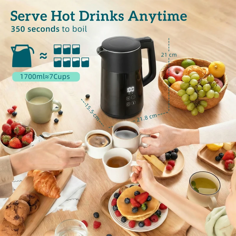 HOMCOM Elektryczny czajnik, 1,7 l, szybkie gotowanie, 2200 W, z wyświetlaczem LED, funkcją podtrzymywania ciepła, zabezpieczeniem przed suchobiegiem, bez PTFE