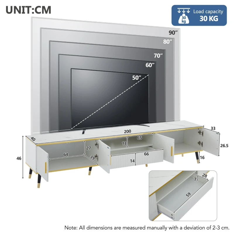 Modern TV Entertainment Center with 4 Doors & Drawer, Spacious TV Stand for Living Room or Bedroom, 200L x 40W x 46H cm, White