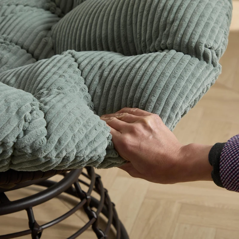 Poltrona Papasan, girevole a 360°, cuscino spesso(tessuto a coste), struttura in acciaio, 92x92x67 cm, Verde chiaro