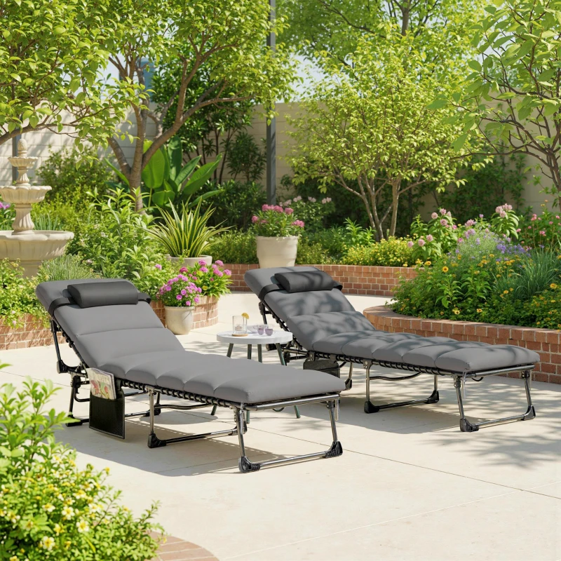 Outsunny Lot de 2 Bains de Soleil Transat de Jardin Matelas XXL 9cm Inclinable 180° Plat Pliable à 5 Positions 200x57x38cm Gris