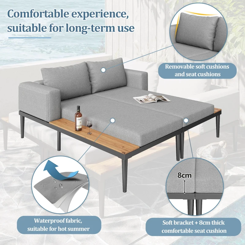 Modular Outdoor Double Chaise Lounge with Sturdy Iron Frame, Stylish Garden Sun Lounger for Patio & Poolside, 150L x 140W x 55H cm, Gray