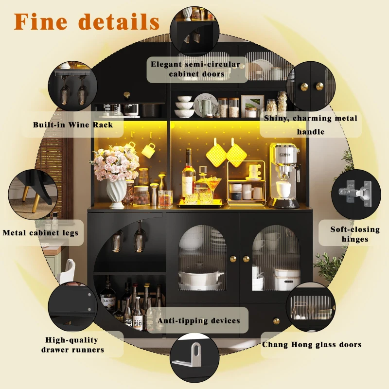 Tall Kitchen Cabinet with Built‑In Power Outlets & 2 USB Ports, Modern Sideboard with App-Controlled LED, 120L x 40W x 176H cm, Black