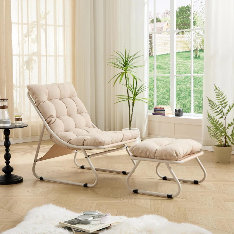 Poltrona lounge da esterno con pouf, cuscino imbottito, tessuto sling, struttura in acciaio, Beige