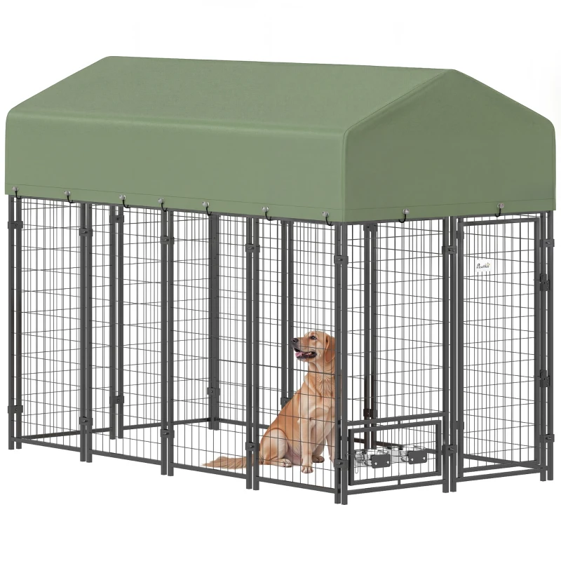 PawHut Recinto per Cani da Esterno in Acciaio con Tetto in Tessuto Oxford, Anti-UV, Impermeabile, 2 Ciotole, Verde