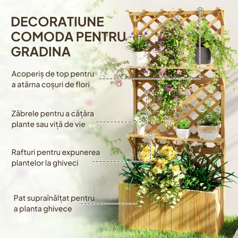 Outsunny Jardinieră cu Spalier pentru Plante Cățărătoare, Orificii de Drenaj și 2 Rafturi, din Lemn de Molid, 76x33x177 cm