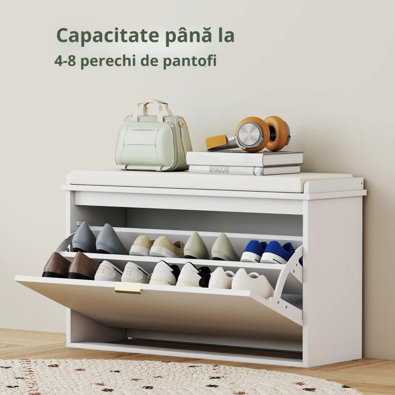 HOMCOM Bancă Scarpieră cu Raft Intern, din Lemn și Țesătură cu Efect de In, 80x26x47.5 cm, Alb și Bej(m-6)