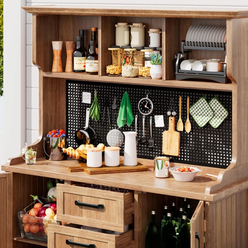Freestanding Outdoor Cupboard with Drawers, Pegboard and Shelves, Sturdy Storage Cabinet for Kitchen, 120L x 50W x 185H cm, Natural