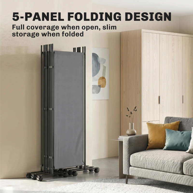 Outsunny Kamerscherm 5-delig 252 x 40 cm Vrijstaand Paravent met 12 Wielen Opvouwbaar DIY Donkergrijs