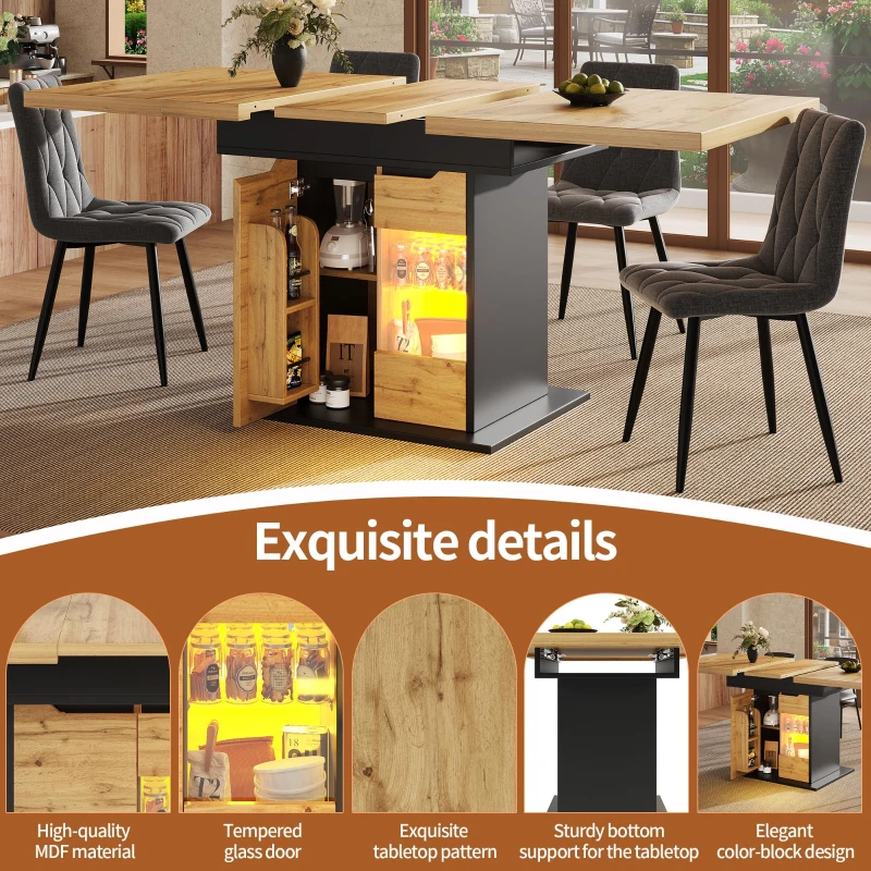 Telescopic Table with App-Controlled LED Lighting and USB Port, Extendable Dining Table for 4-6 People, 110-140L x 80W x 76H cm, Black