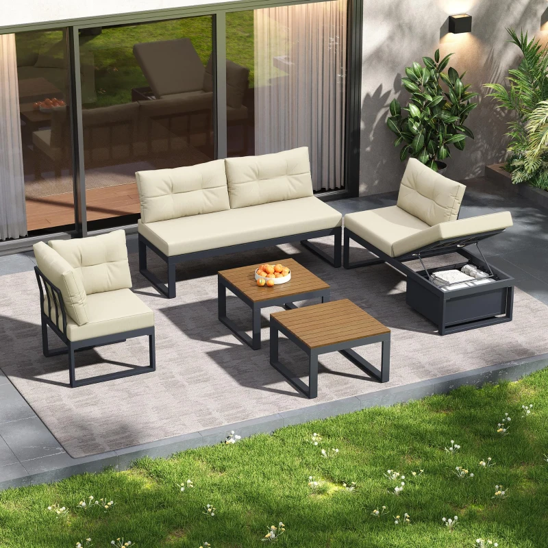 Gartenmöbelset mit verstellbaren Rückenlehnen und Liegefunktion, verstecktem Stauraum, für Terrasse, Balkon und Garten, Beige