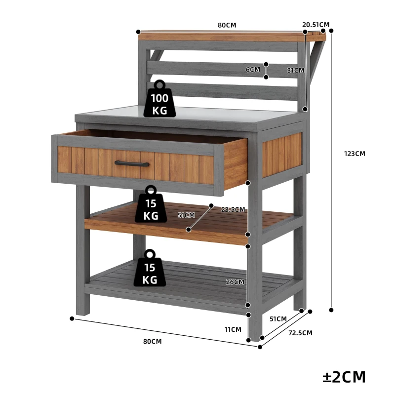 Wooden Garden Cabinet with Large Drawer and 2-Tier Shelf, Weather‑Resistant Sideboard for Patio Workspace, 80L x 72.5W x 123H cm, Natural