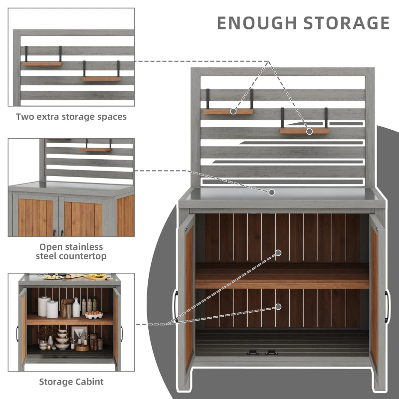 Weatherproof Garden Cabinet with Stainless‑Steel Worktop, Versatile Grilling Station for Patio and Balcony, 80L x 51W x 148.5H cm, Natural