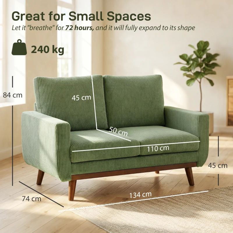 HOMCOM 2-Sitzer-Sofa, 134 cm Cord-Sofa mit Taschenfedern, dicker Rückenlehne, Holzlatten-Akzent, Grün